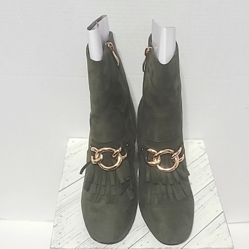 Army Green Chunky Block Heel Bootie with Gold Link Chain in the Front size 8